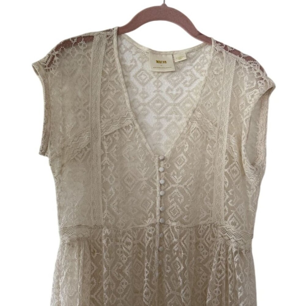 Maeve Anthropologie Ivory Lace Midi Sheer Dress Button Detail XS Romantic Fairy - Picture 2 of 6